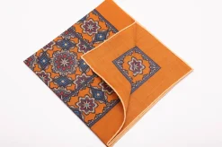 Antique Gold Medallion Printed Silk Wool Pocket Square