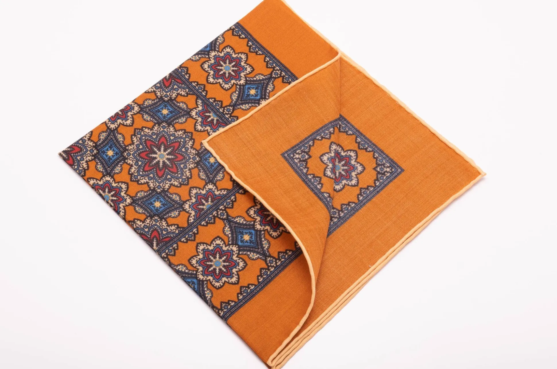 Antique Gold Medallion Printed Silk Wool Pocket Square