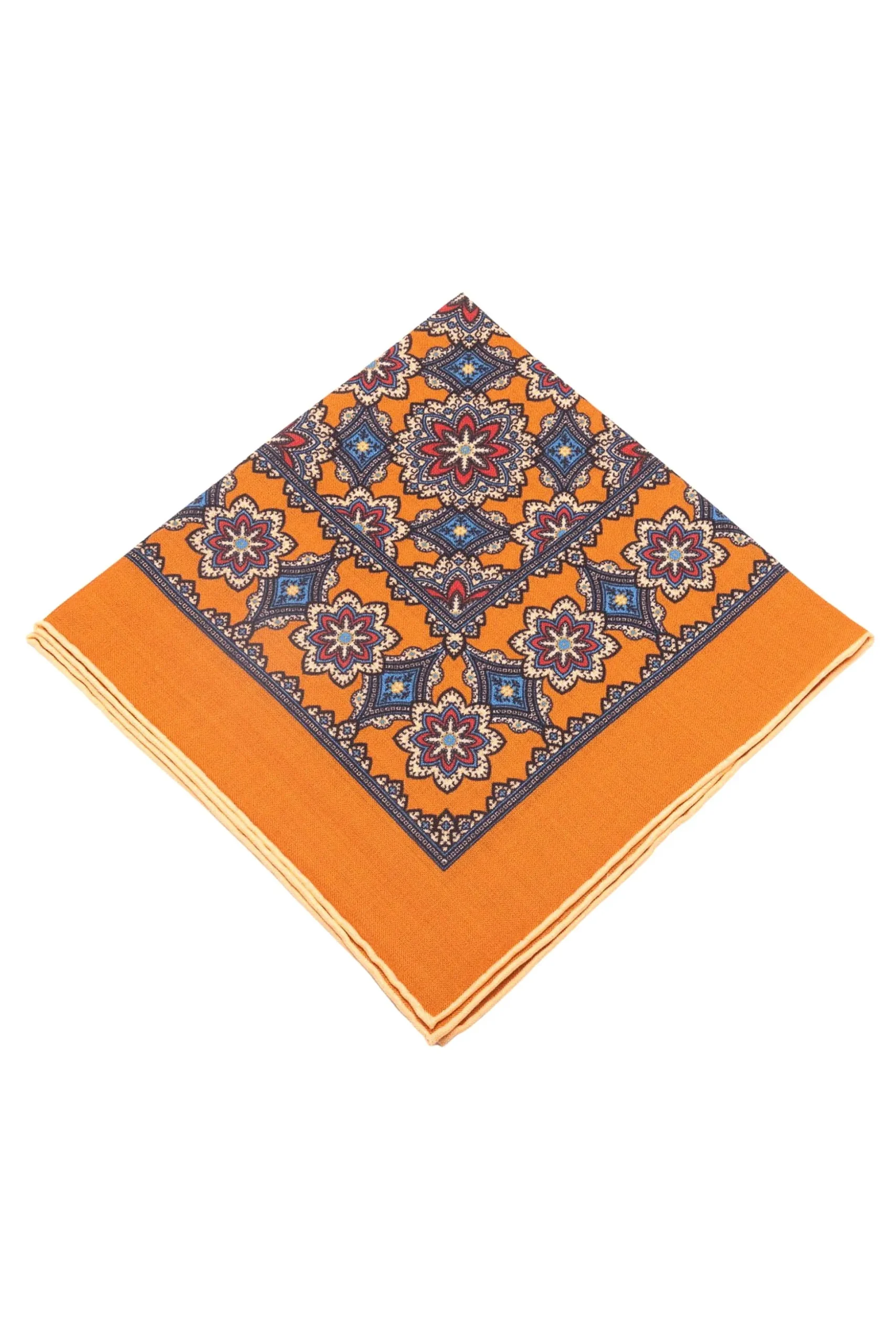 Antique Gold Medallion Printed Silk Wool Pocket Square