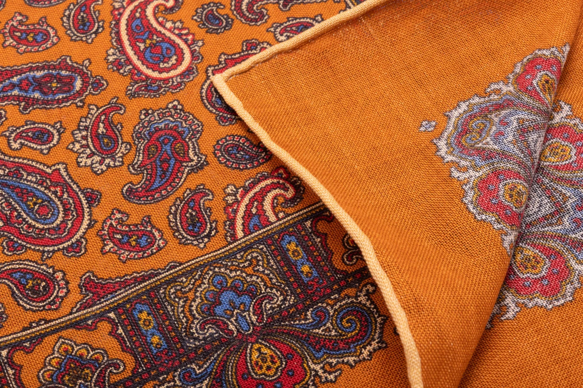 Antique Gold Paisley Silk Wool Pocket Square
