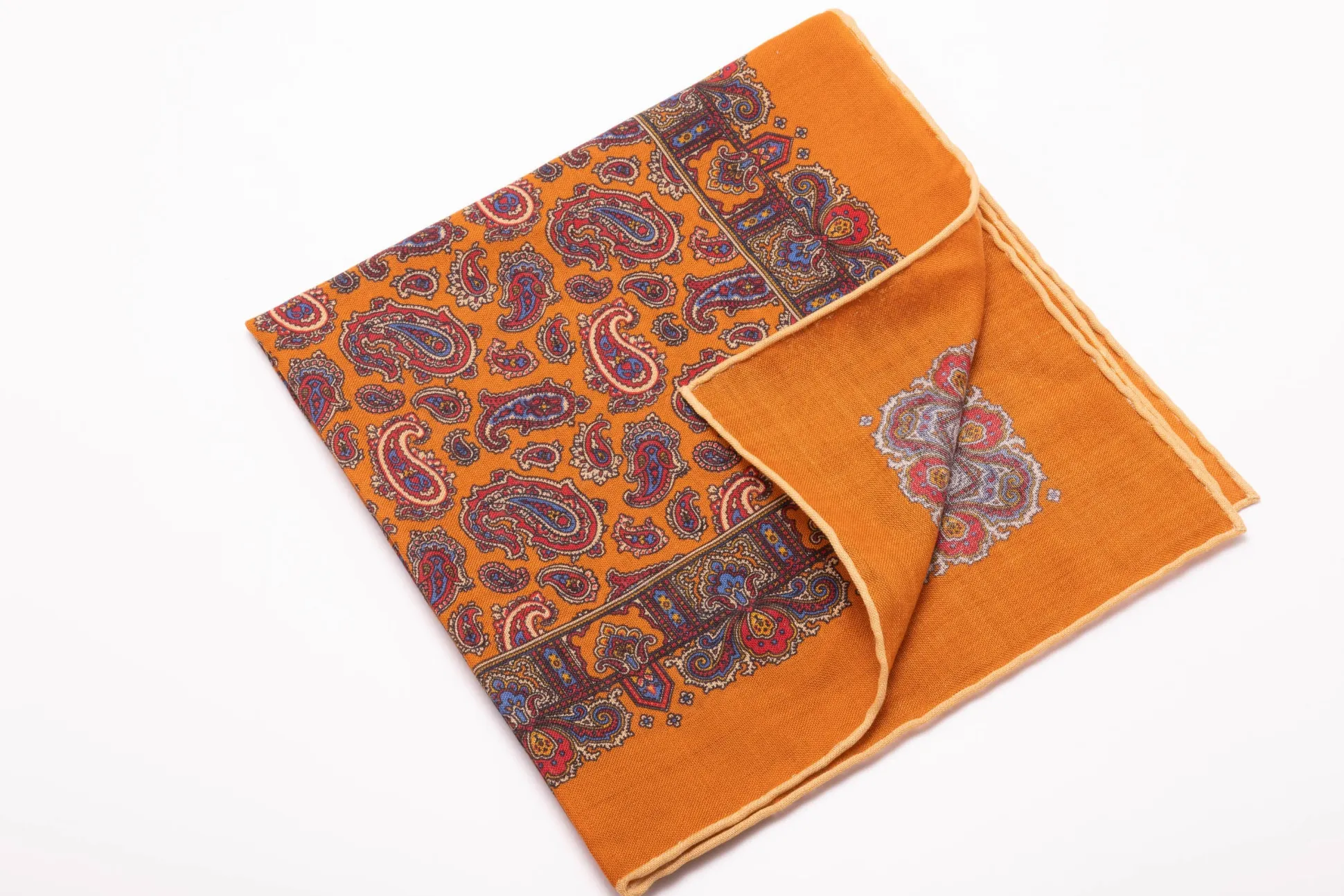 Antique Gold Paisley Silk Wool Pocket Square