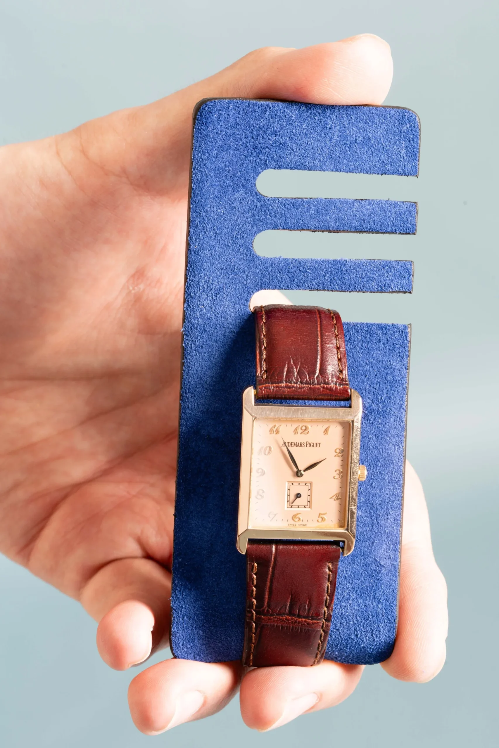 Antique Mahogany & Blue Suede Leather Watch Case