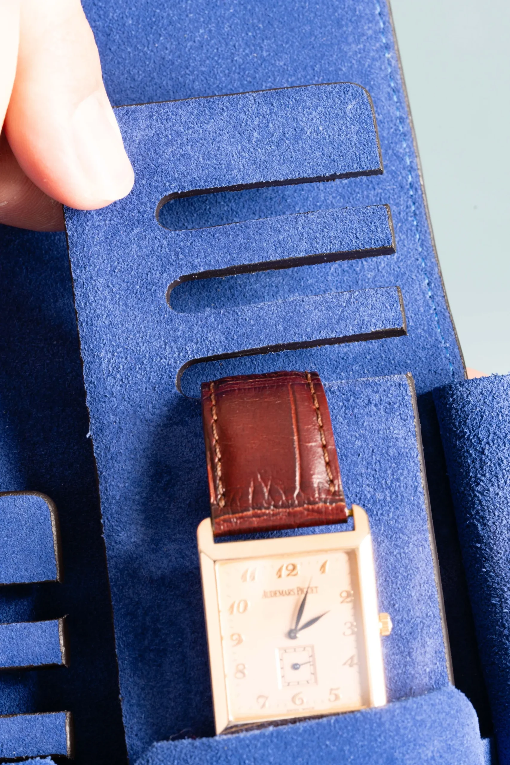 Antique Mahogany & Blue Suede Leather Watch Case
