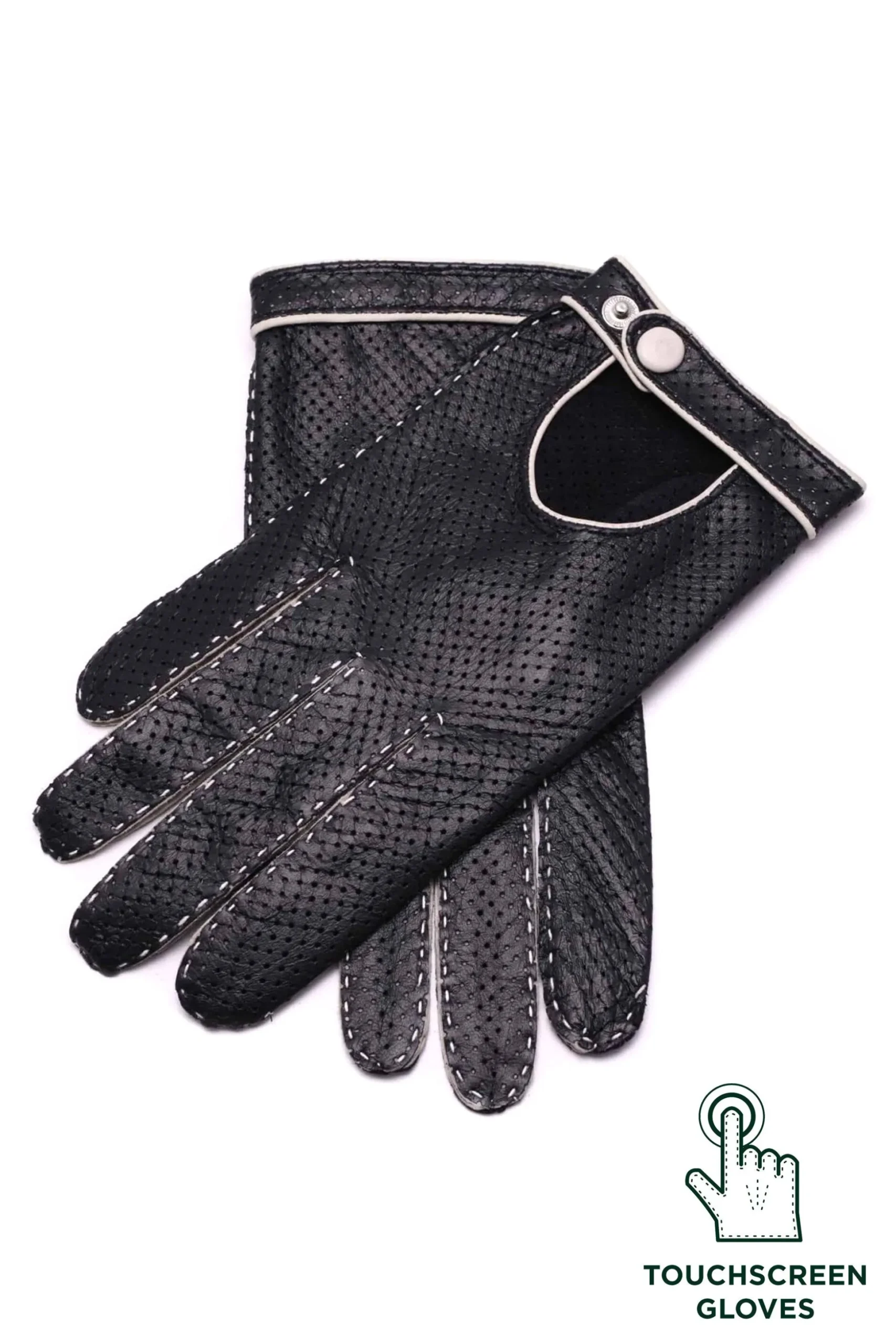 Black & Cream Leather Touchscreen Driving Gloves