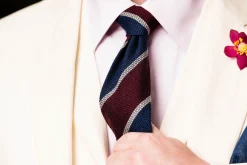 Blue & Burgundy Striped Cashmere Wool Grenadine Tie