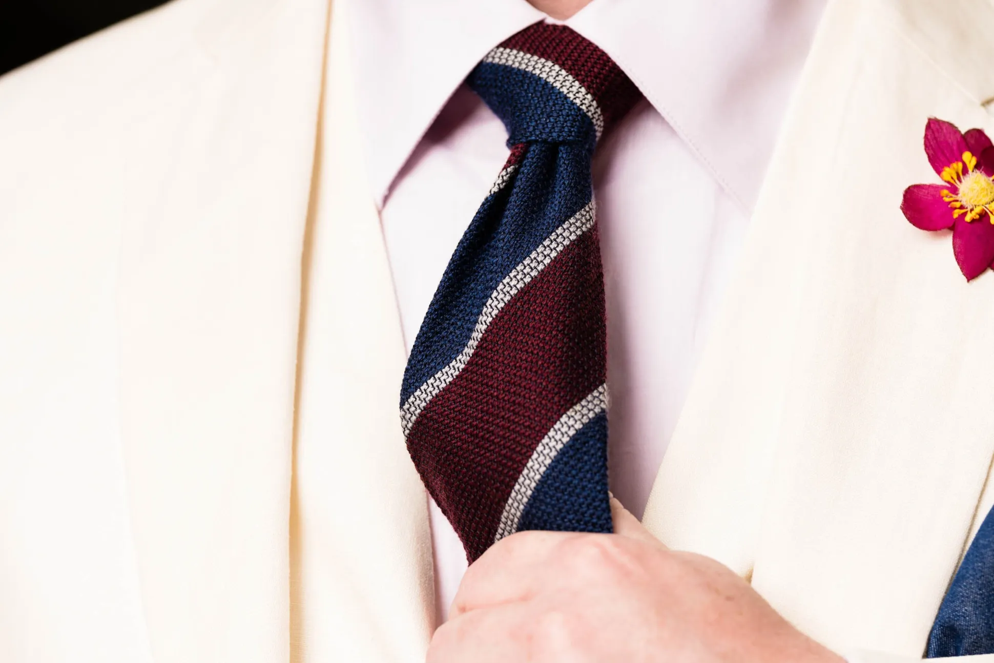 Blue & Burgundy Striped Cashmere Wool Grenadine Tie