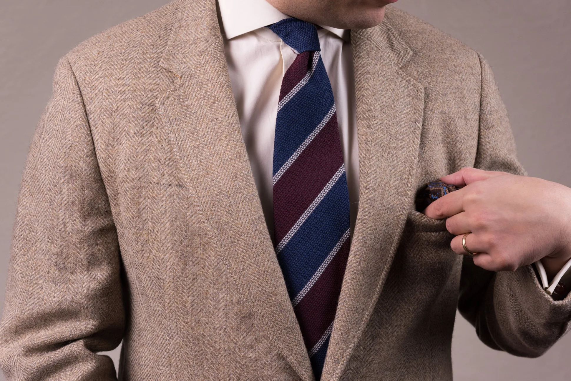 Blue & Burgundy Striped Cashmere Wool Grenadine Tie