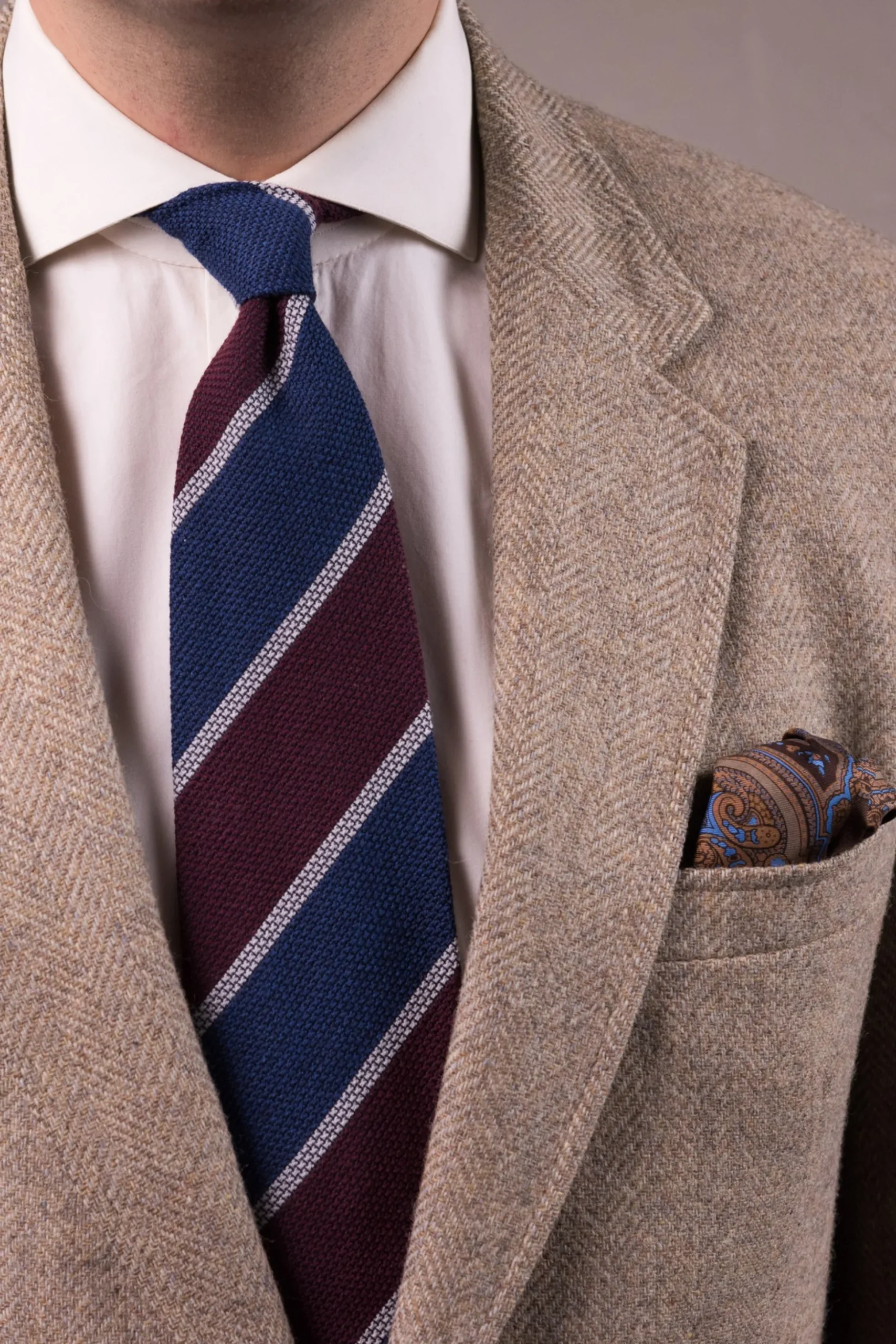 Blue & Burgundy Striped Cashmere Wool Grenadine Tie