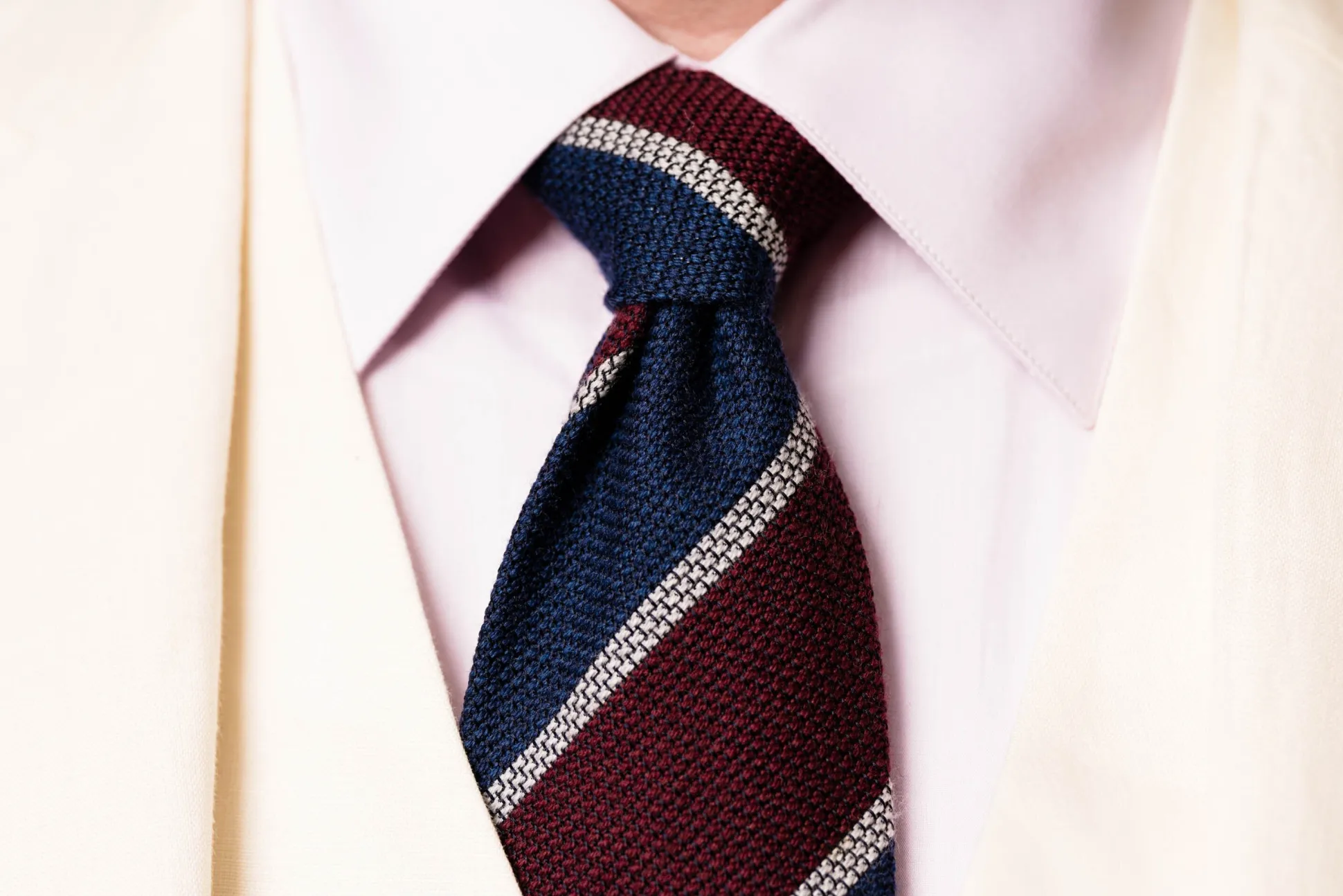 Blue & Burgundy Striped Cashmere Wool Grenadine Tie