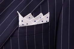 Blue Dot Hand Embroidered White Linen Pocket Square