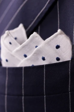 Blue Dot Hand Embroidered White Linen Pocket Square