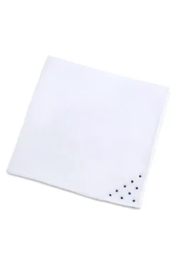 Blue Dot Hand Embroidered White Linen Pocket Square