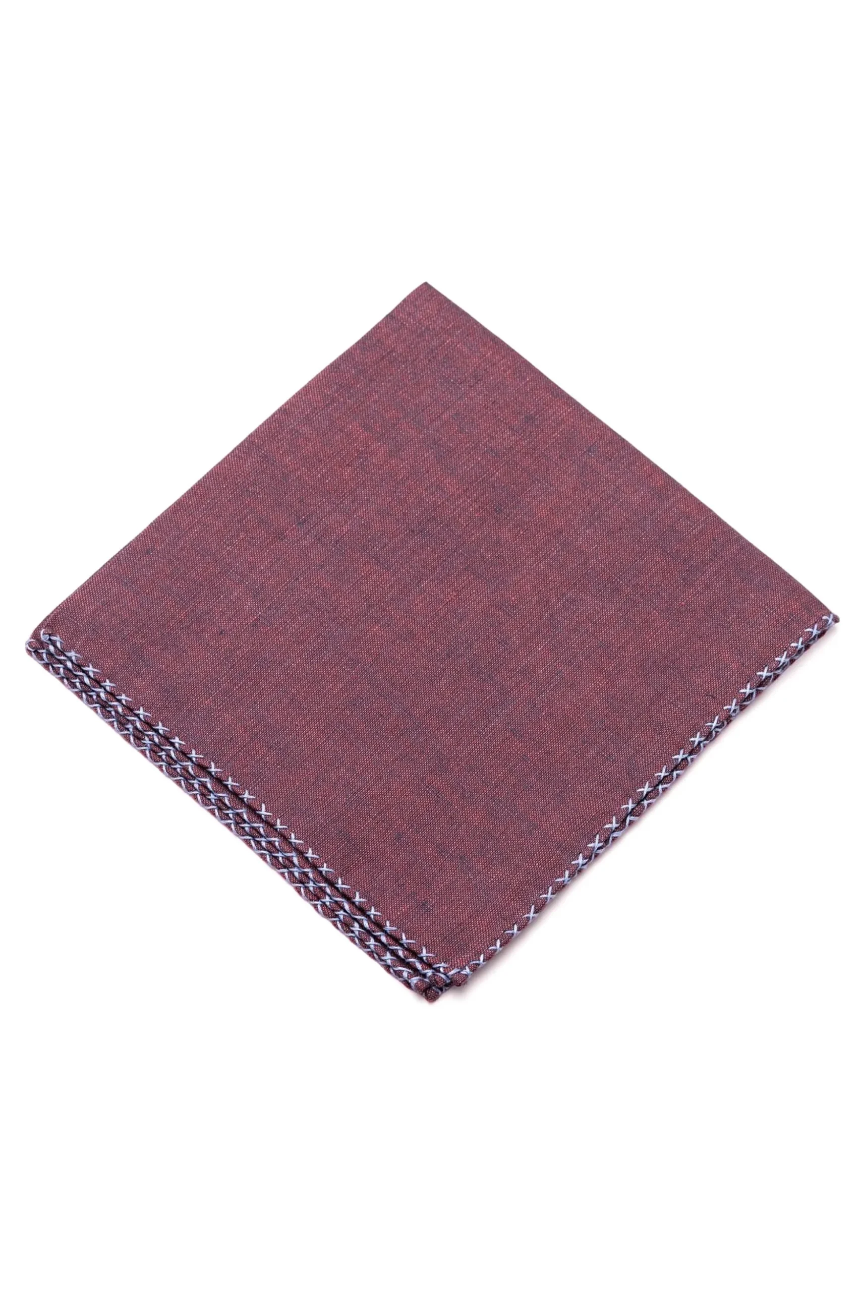 Blue X-Stitch Edge Dark Burgundy Linen Pocket Square