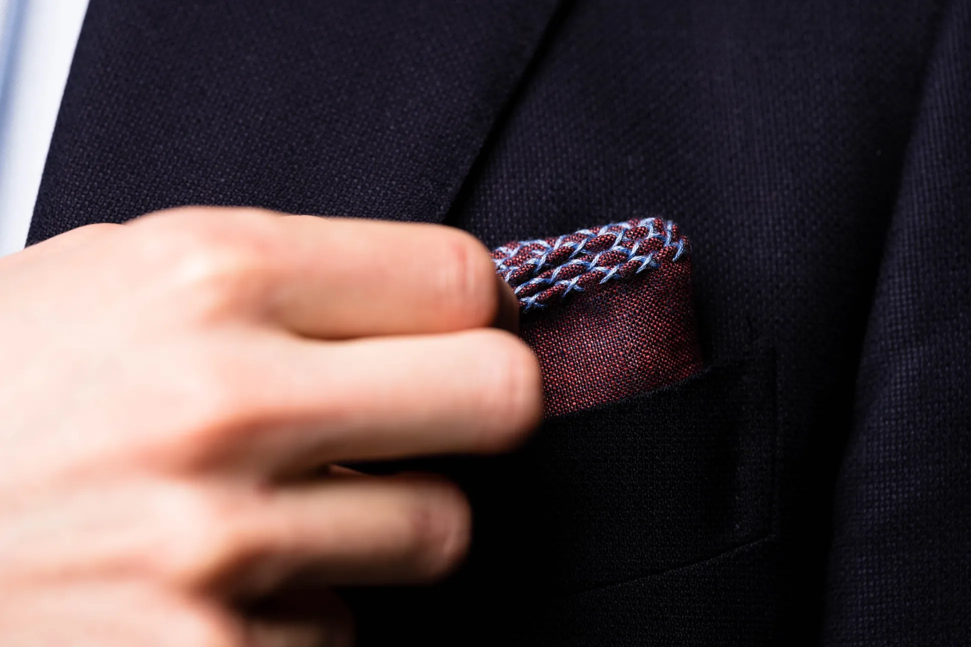 Blue X-Stitch Edge Dark Burgundy Linen Pocket Square