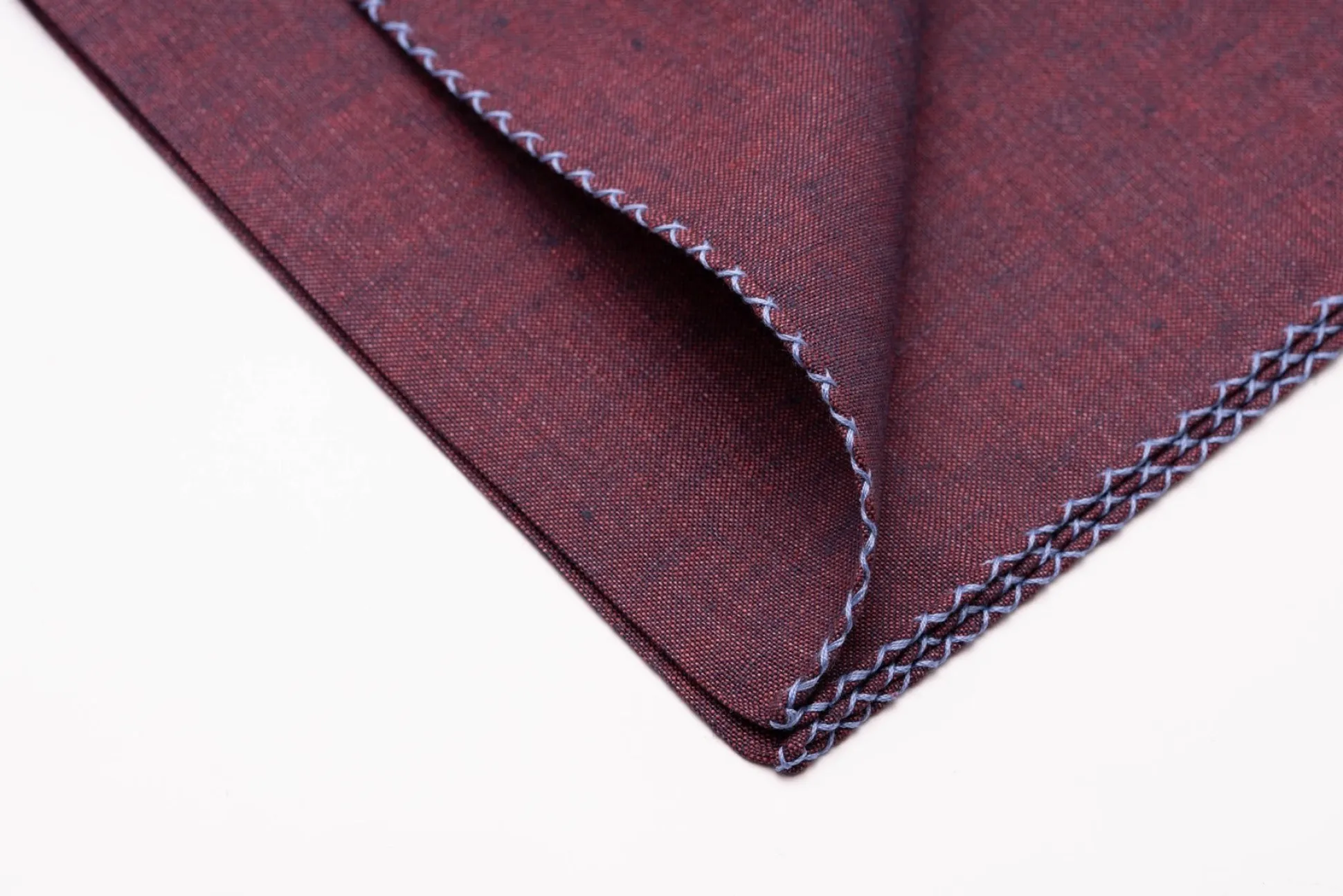 Blue X-Stitch Edge Dark Burgundy Linen Pocket Square