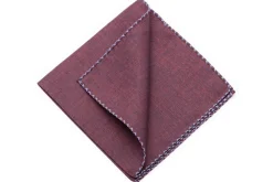 Blue X-Stitch Edge Dark Burgundy Linen Pocket Square