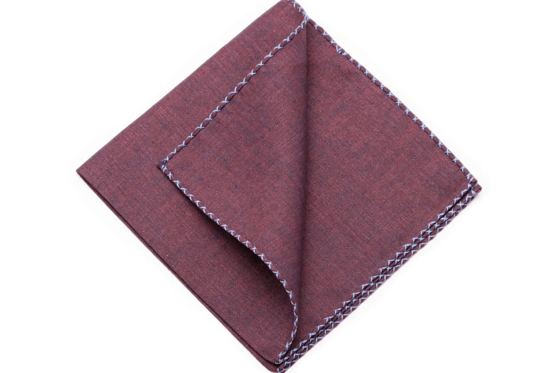 Blue X-Stitch Edge Dark Burgundy Linen Pocket Square