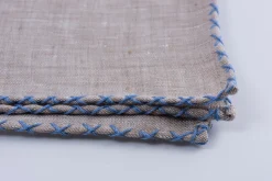 Blue X-Stitch Edge Light Brown Linen Pocket Square