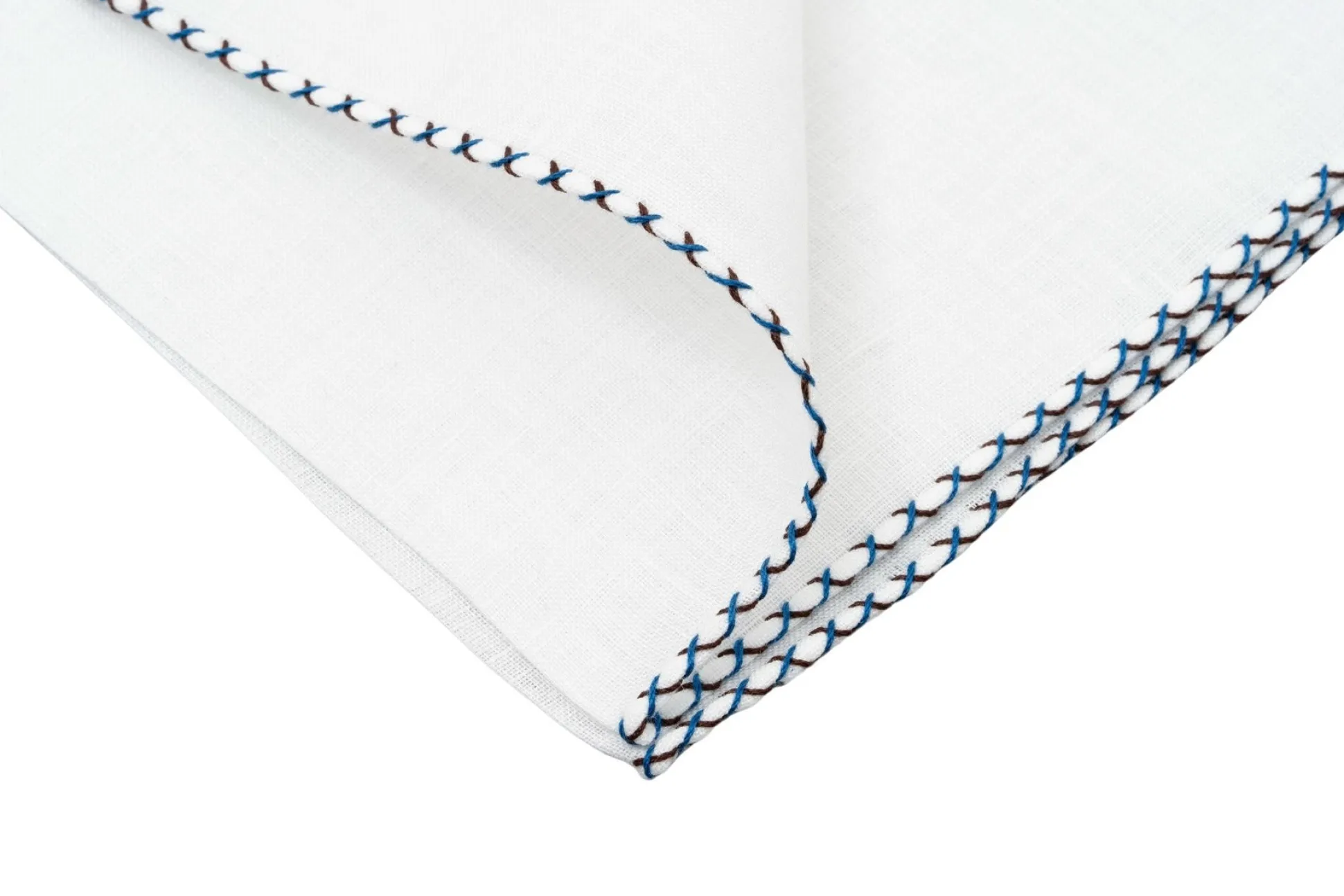 Brown & Bright Blue X-Stitch Edge White Linen Pocket Square