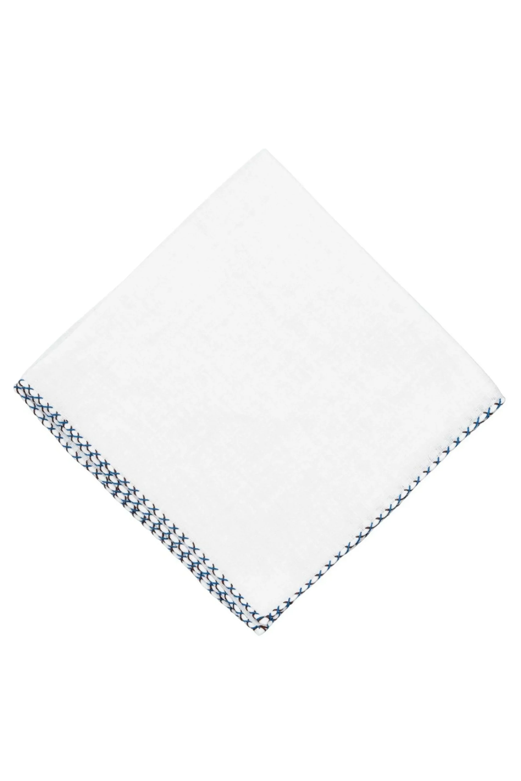 Brown & Bright Blue X-Stitch Edge White Linen Pocket Square