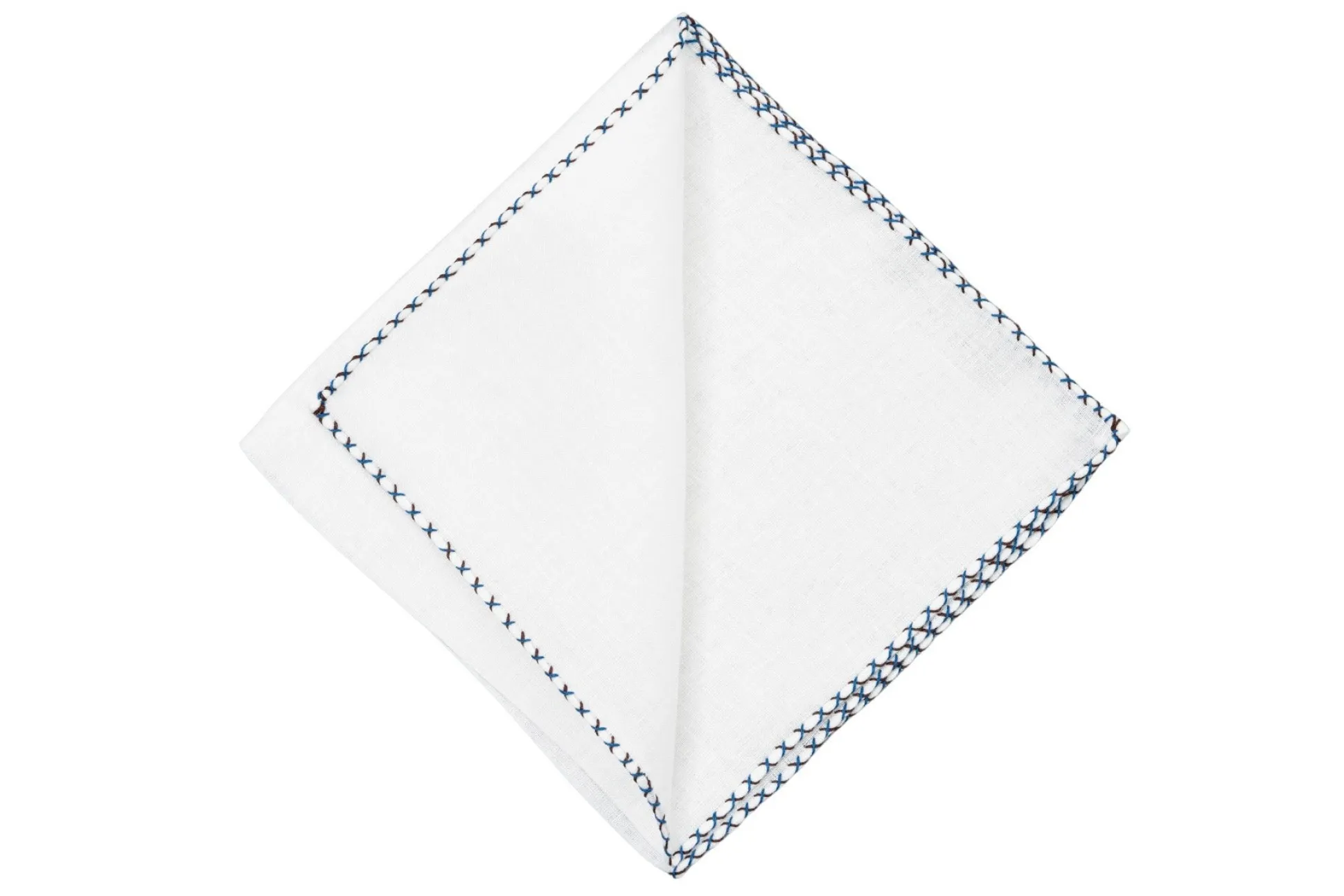 Brown & Bright Blue X-Stitch Edge White Linen Pocket Square