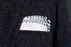 Brown & Bright Blue X-Stitch Edge White Linen Pocket Square