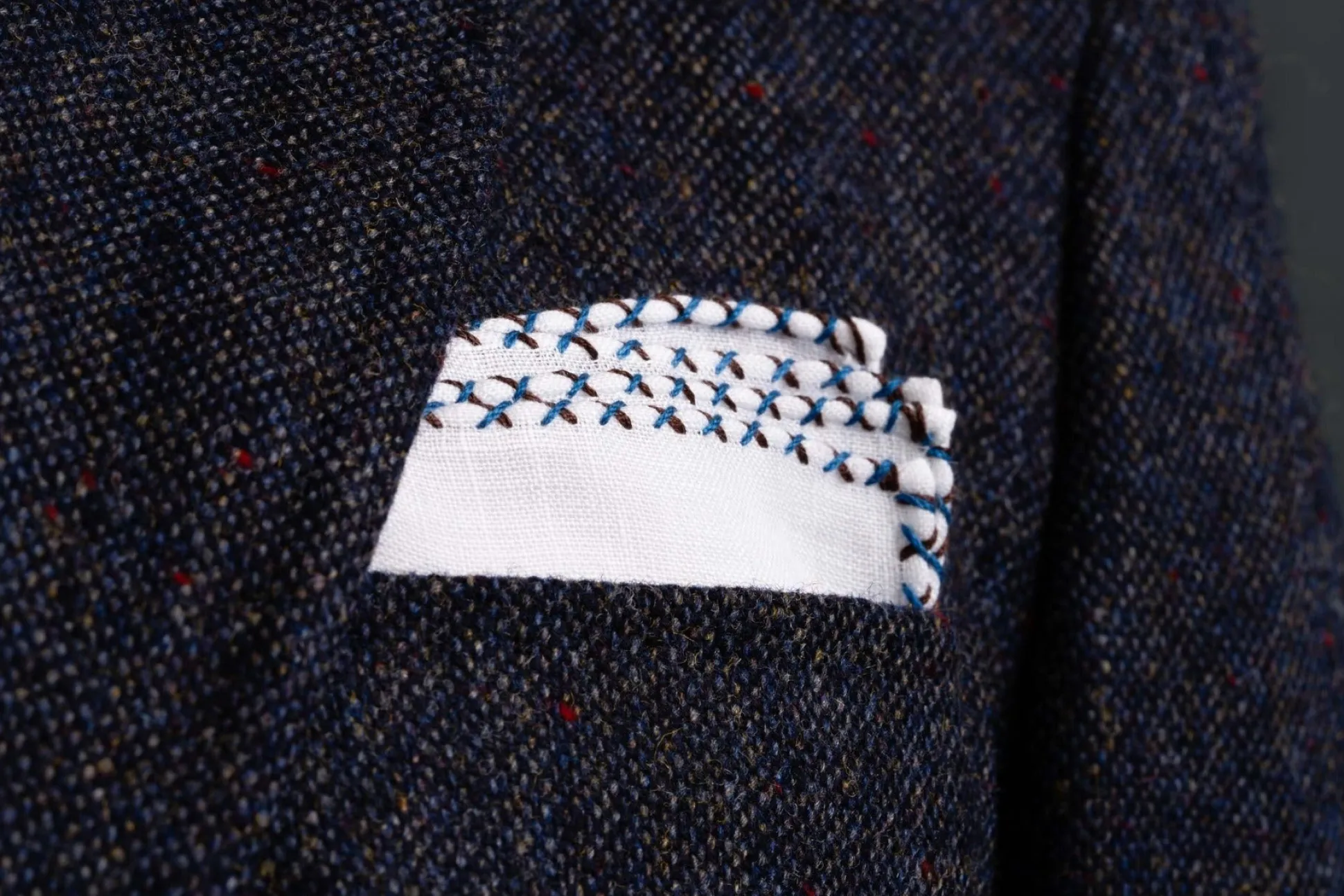 Brown & Bright Blue X-Stitch Edge White Linen Pocket Square