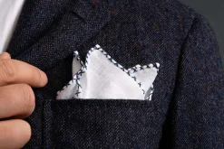 Brown & Bright Blue X-Stitch Edge White Linen Pocket Square