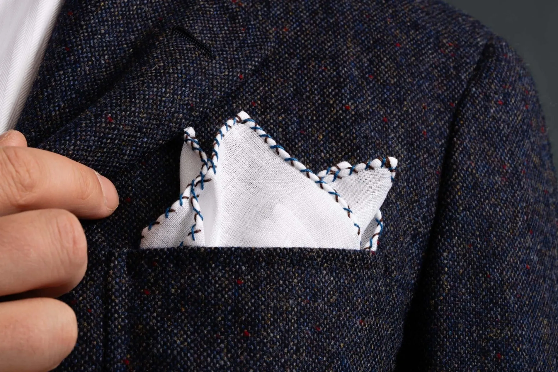 Brown & Bright Blue X-Stitch Edge White Linen Pocket Square