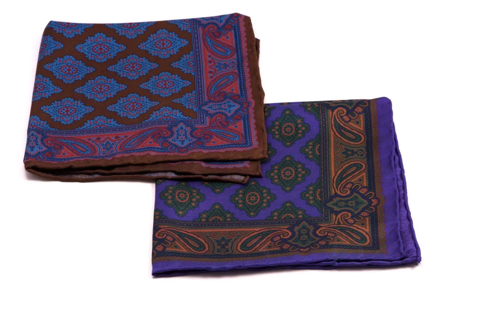 Brown Diamond & Paisley Madder Silk Pocket Square