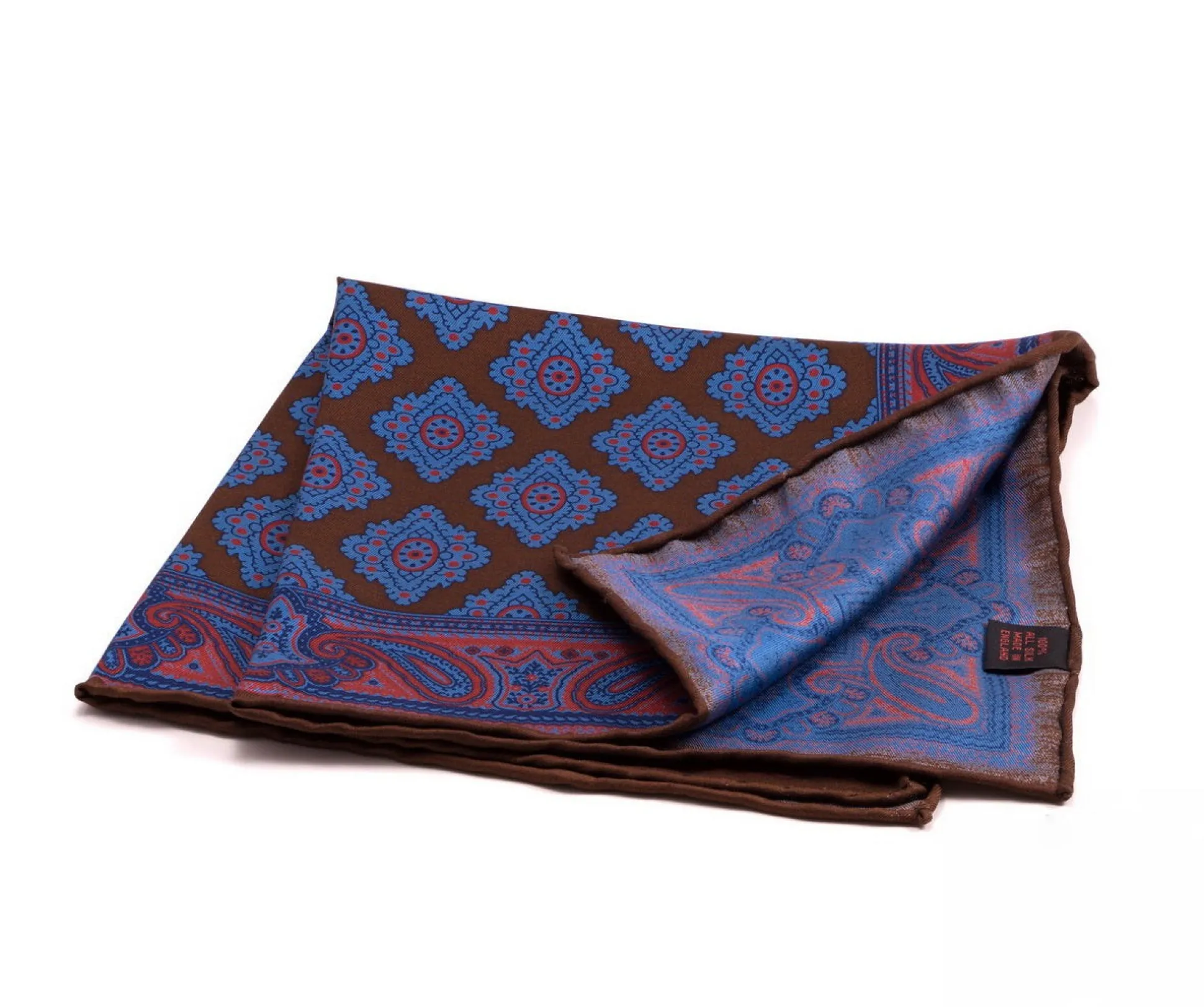 Brown Diamond & Paisley Madder Silk Pocket Square