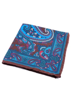 Brown & Turquoise Paisley Madder Silk Pocket Square