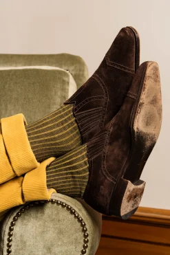 Brown & Yellow Shadow Stripe Midweight Cotton Socks