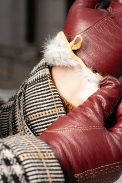 Burgundy & Sand Rabbit Fur Lined Lamb Nappa Touchscreen Gloves