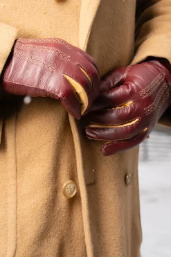 Burgundy & Sand Rabbit Fur Lined Lamb Nappa Touchscreen Gloves