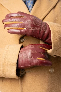 Burgundy & Sand Rabbit Fur Lined Lamb Nappa Touchscreen Gloves