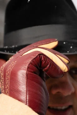 Burgundy & Sand Rabbit Fur Lined Lamb Nappa Touchscreen Gloves