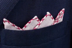 Burgundy X-Stitch Edge White Linen Pocket Square