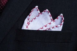 Burgundy X-Stitch Edge White Linen Pocket Square