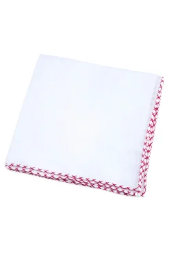Burgundy X-Stitch Edge White Linen Pocket Square