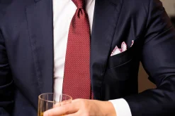 Burgundy X-Stitch Edge White Linen Pocket Square