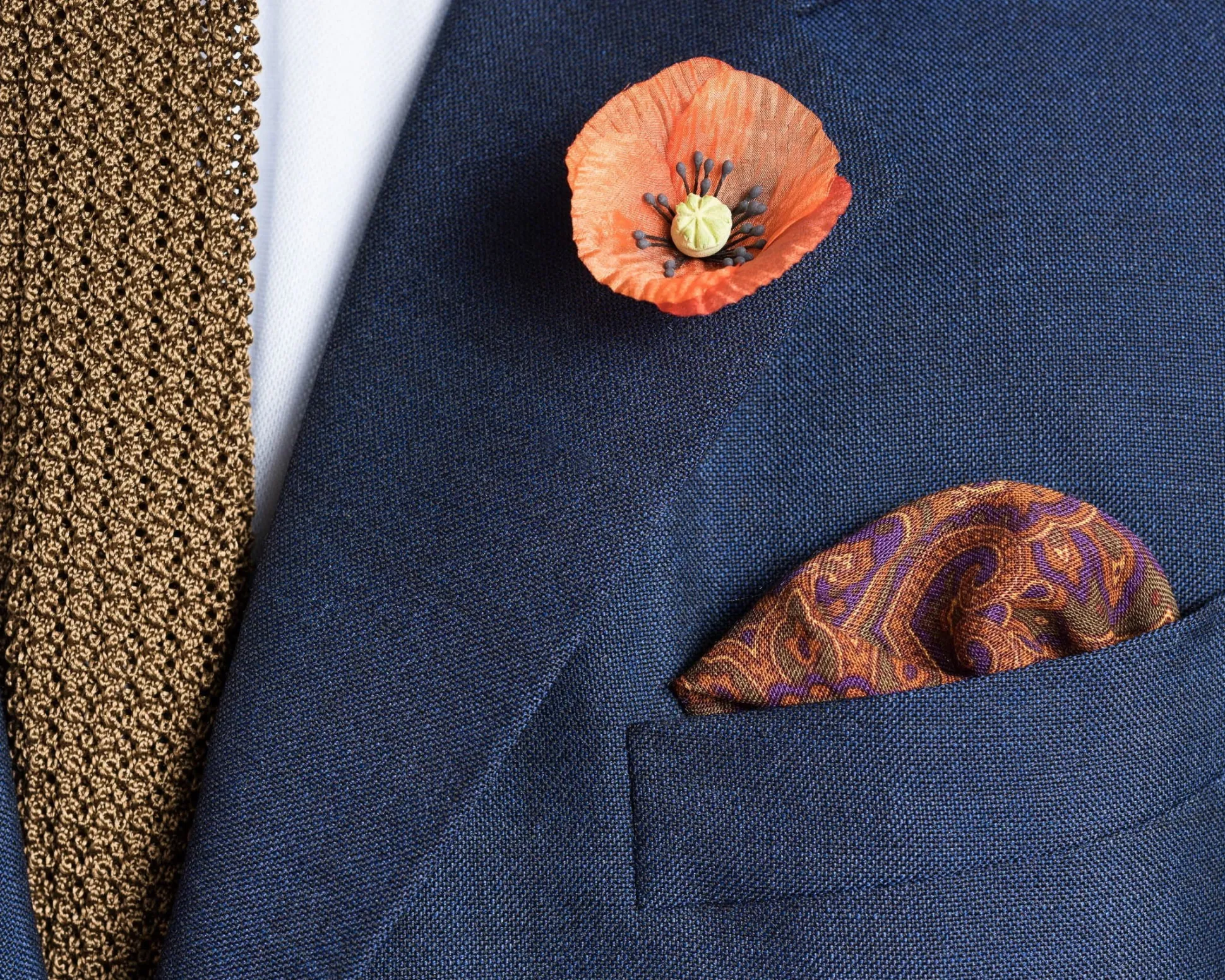 Burnt Orange Paisley Motif Silk Wool Pocket Square