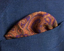Burnt Orange Paisley Motif Silk Wool Pocket Square