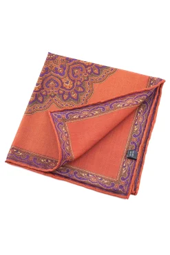 Burnt Orange Paisley Motif Silk Wool Pocket Square