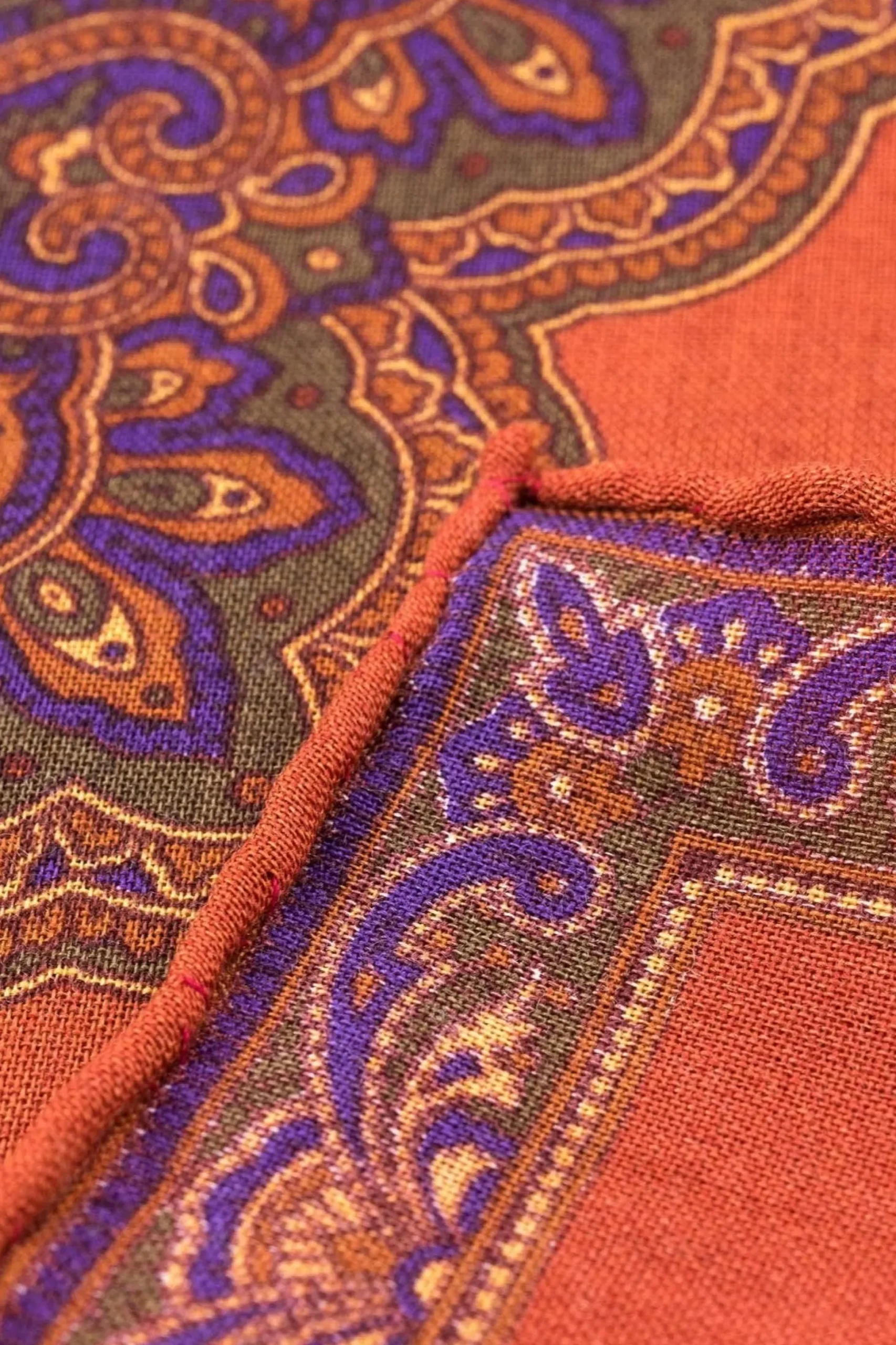 Burnt Orange Paisley Motif Silk Wool Pocket Square