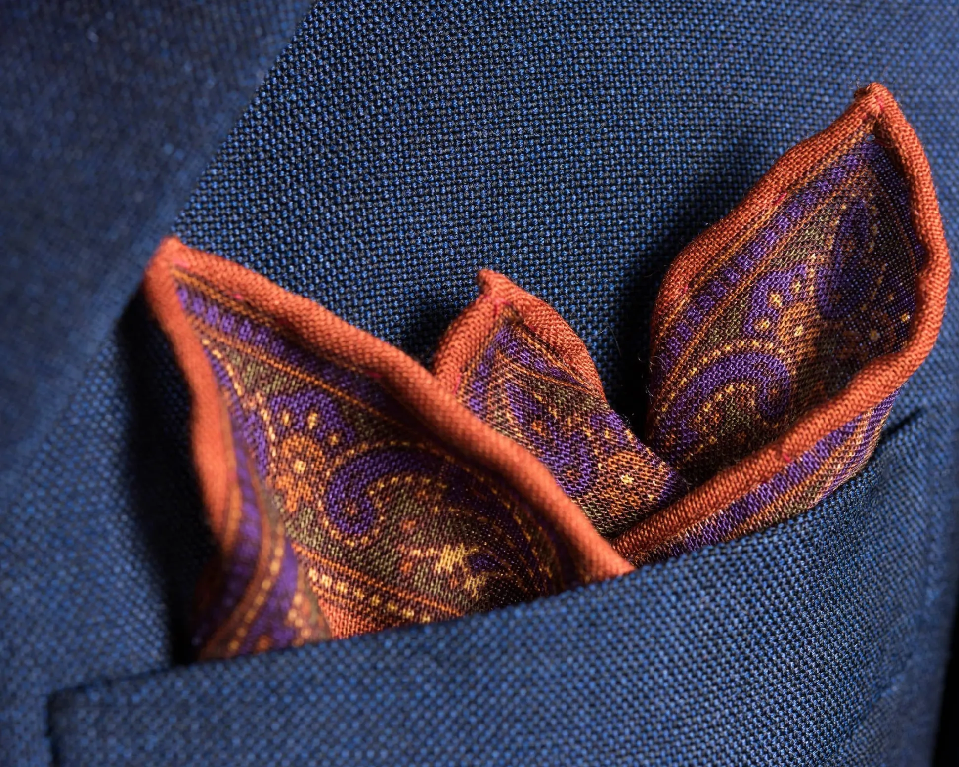 Burnt Orange Paisley Motif Silk Wool Pocket Square