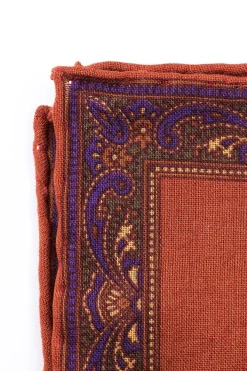 Burnt Orange Paisley Motif Silk Wool Pocket Square