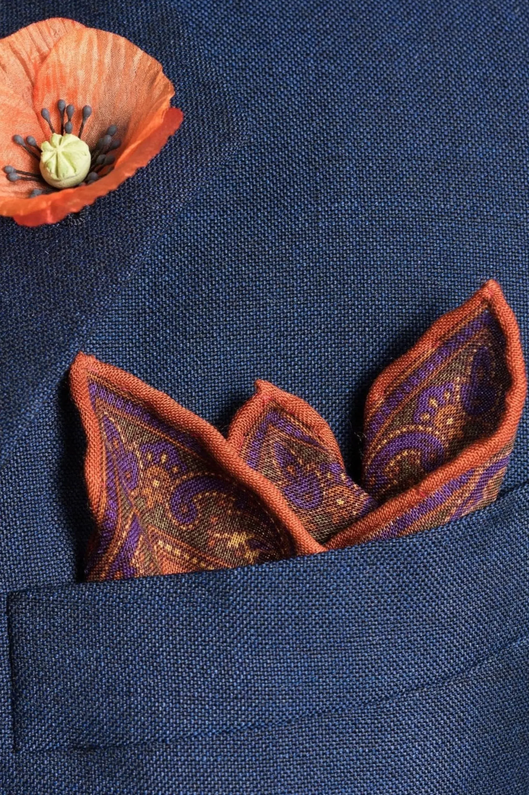 Burnt Orange Paisley Motif Silk Wool Pocket Square