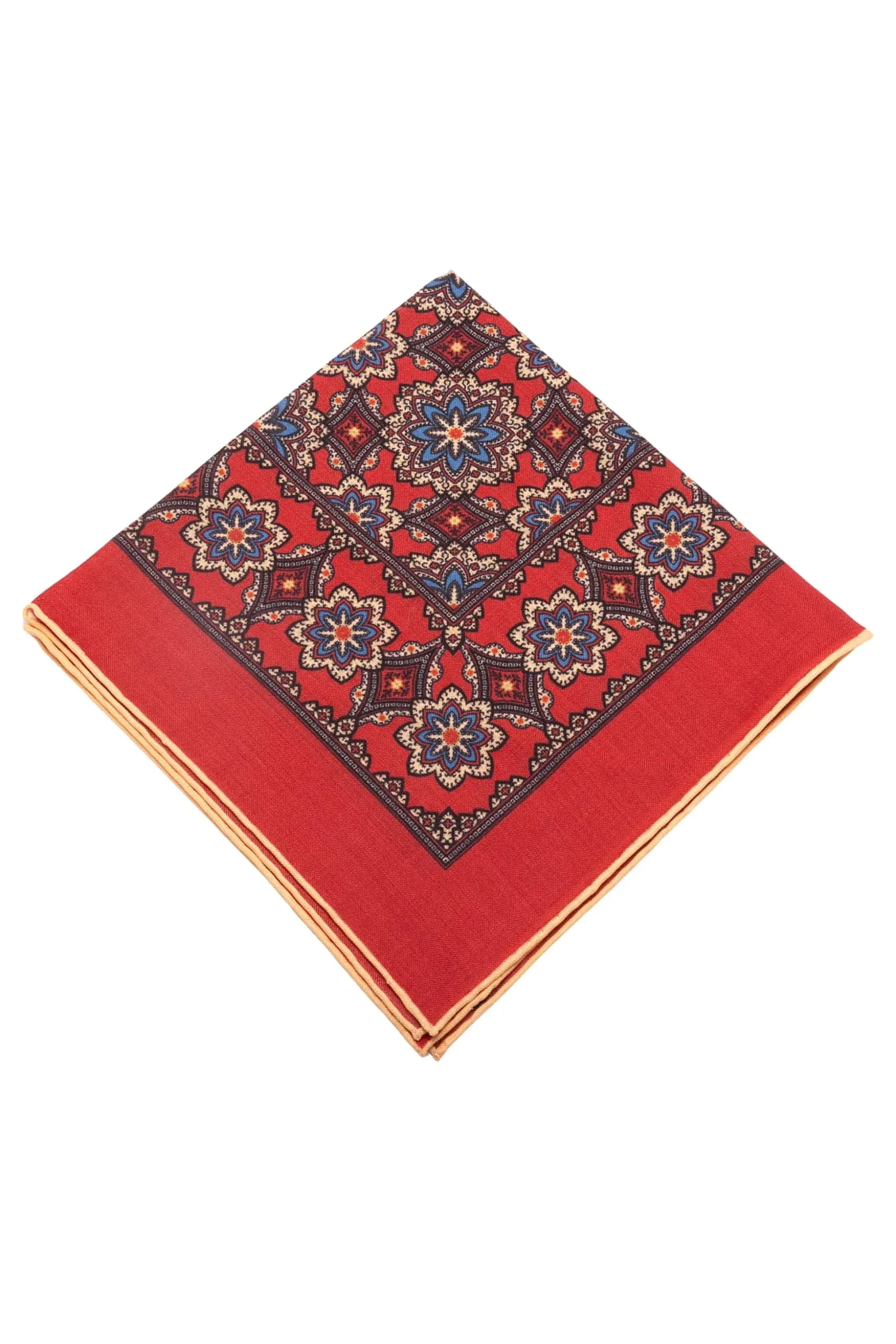 Cardinal Red Medallion Silk Wool Pocket Square