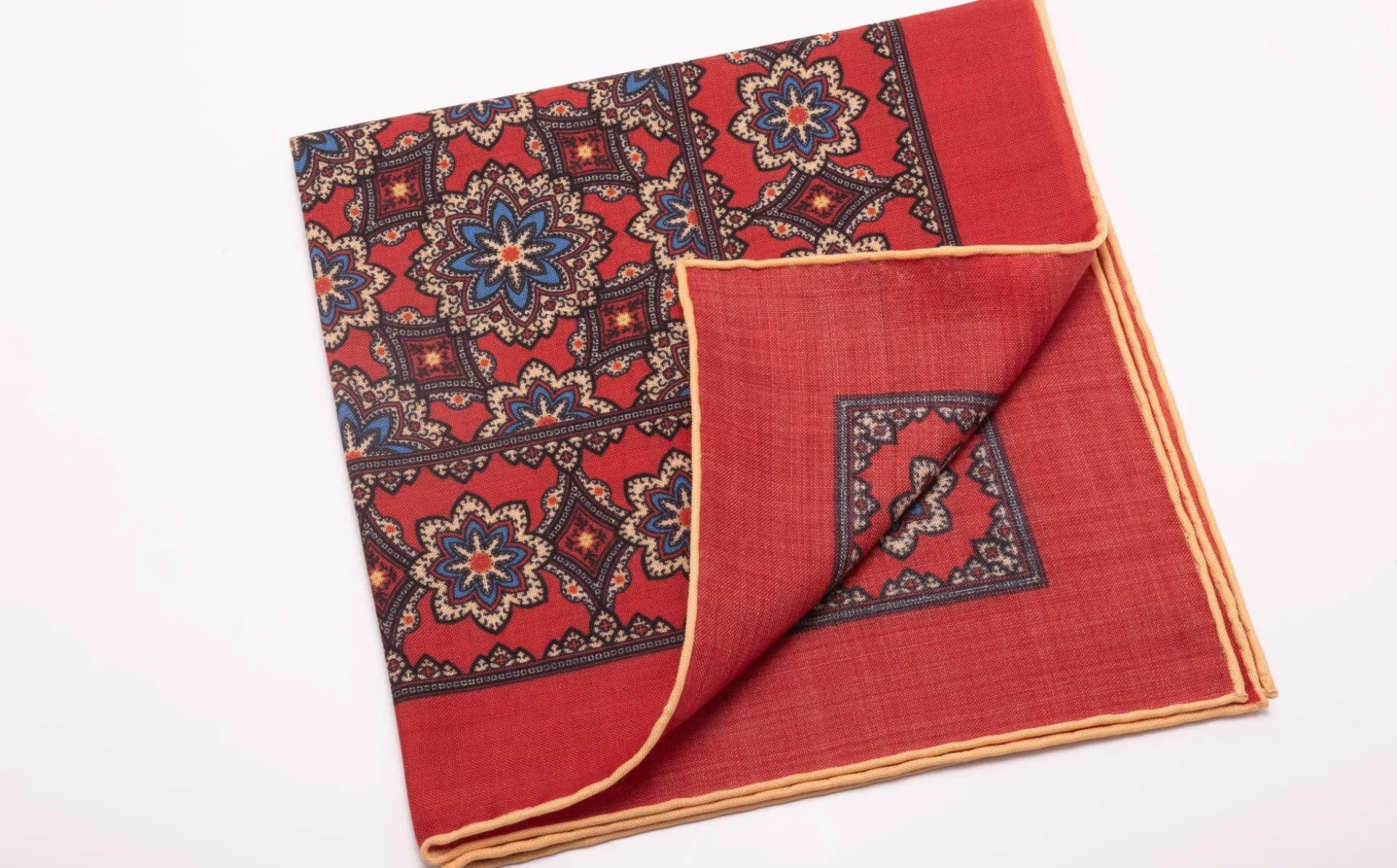 Cardinal Red Medallion Silk Wool Pocket Square